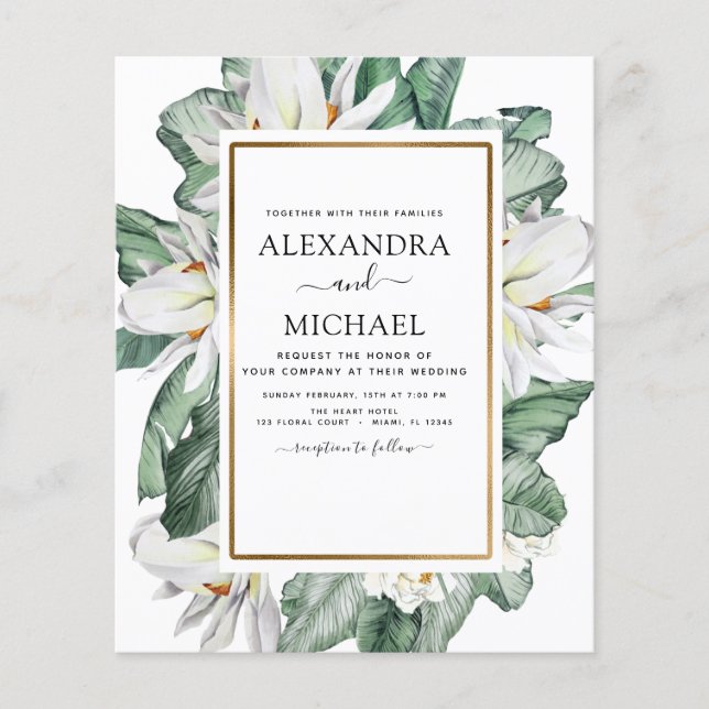 Budget Tropical Magnolia Floral Wedding Invitation Flyer (Front)