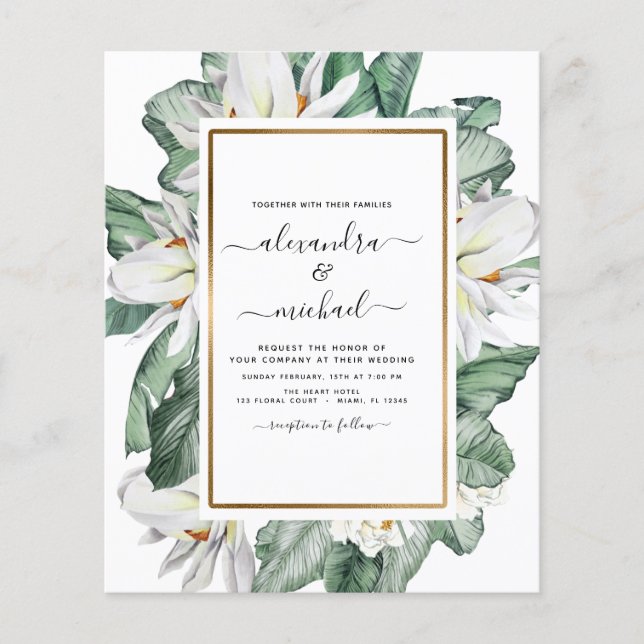 Budget Tropical Magnolia Palm Wedding Invitation (Front)