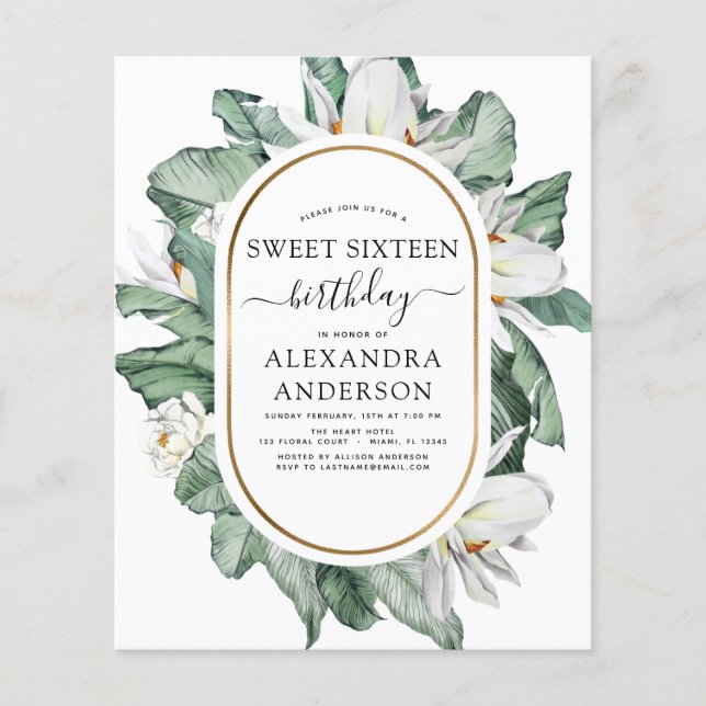 Budget Tropical Magnolia Sweet 16 Invitation (Front)