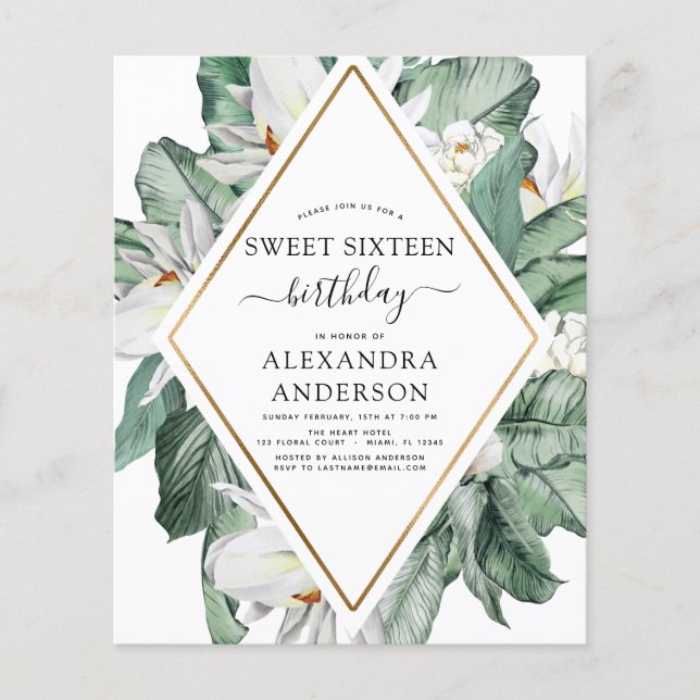 Budget Tropical Magnolia Sweet 16 Invitation (Front)