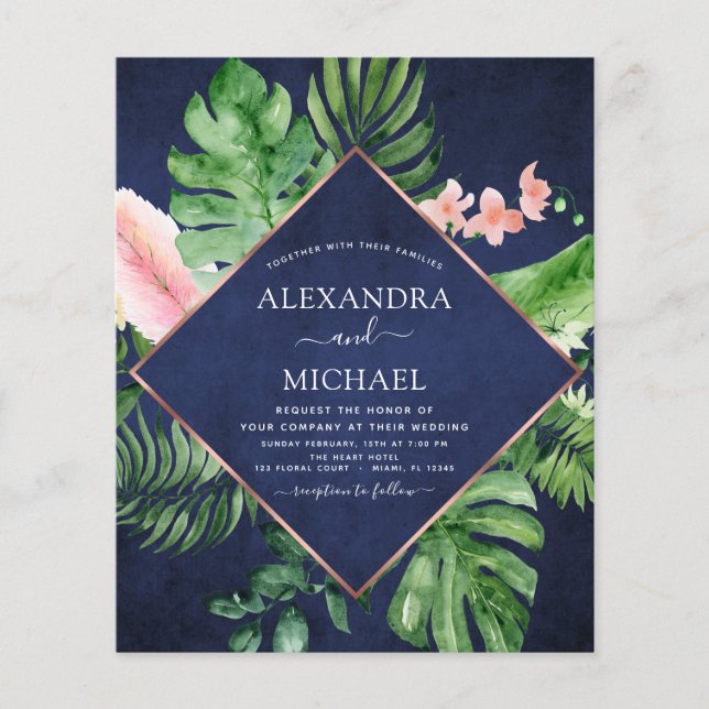 Budget Tropical Navy Blue Geometric Wedding Flyer (Front)