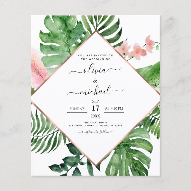 Budget Tropical Palm Geometric Wedding Invitation Flyer (Front)