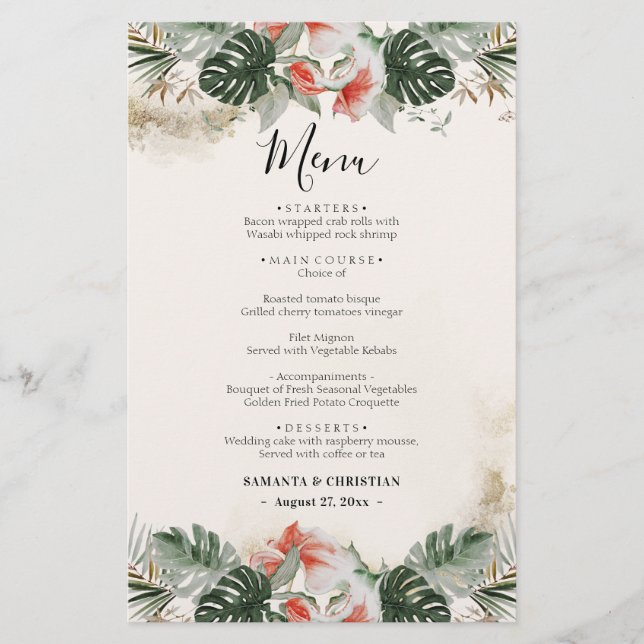 Budget Tropical Palm Greenery  Wedding Menu (Front)
