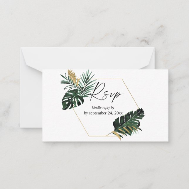Budget Tropical Palm Leaf Gold 2SM Meal RSVP Card (Front)