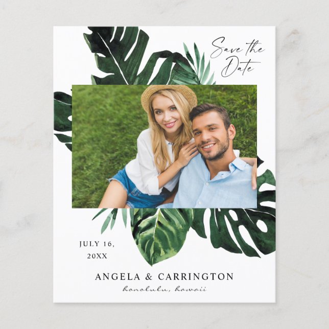 Budget Tropical Palm Leaf Save the Date Photo Flyer (Front)