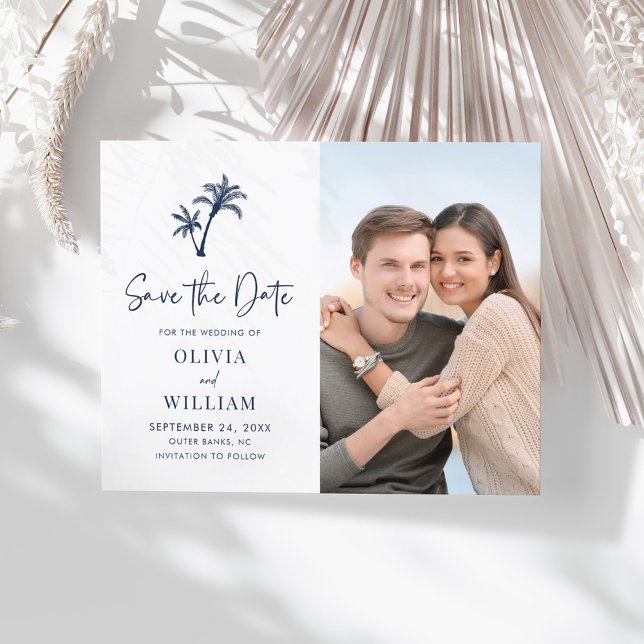 Budget Tropical Palm Navy Blue Photo Save the Date (Creator Uploaded)