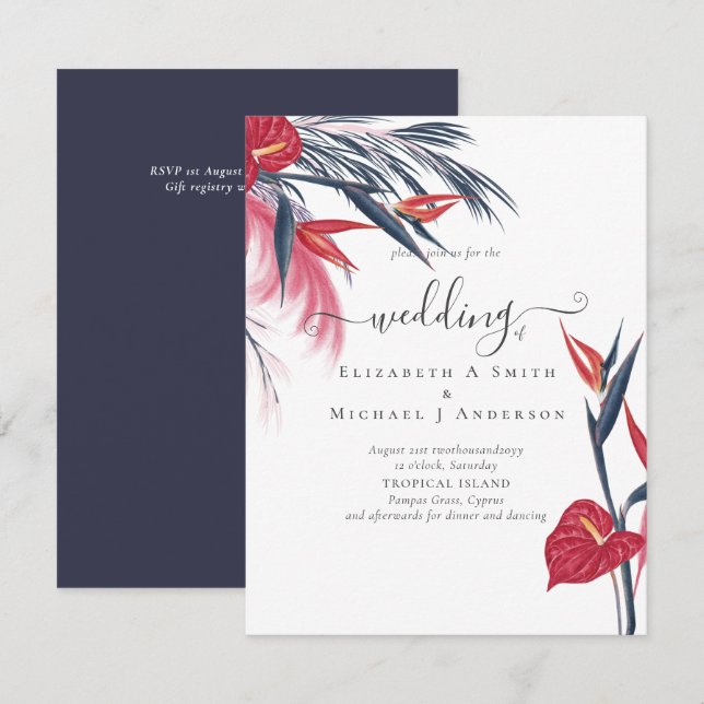 BUDGET  Tropical Pampas Grass Navy Berry Wedding (Front/Back)