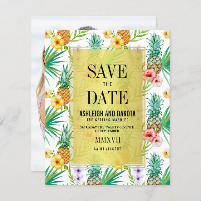 Budget Tropical Pineapple & Hibiscus Save The Date (Front/Back)