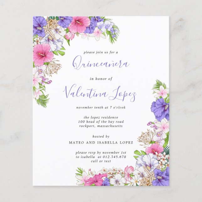 Budget Tropical Pink Purple Quinceanera Invitation (Front)