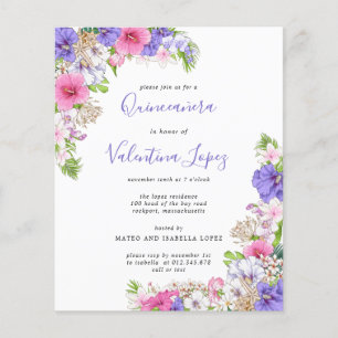 Budget Tropical Pink Purple Quinceanera Invitation