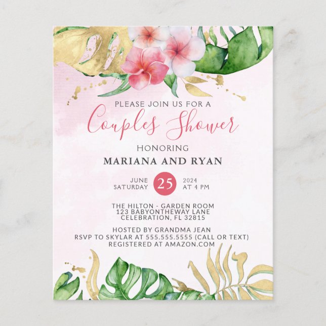 Budget Tropical Summer Floral Couples Baby Shower Flyer (Front)