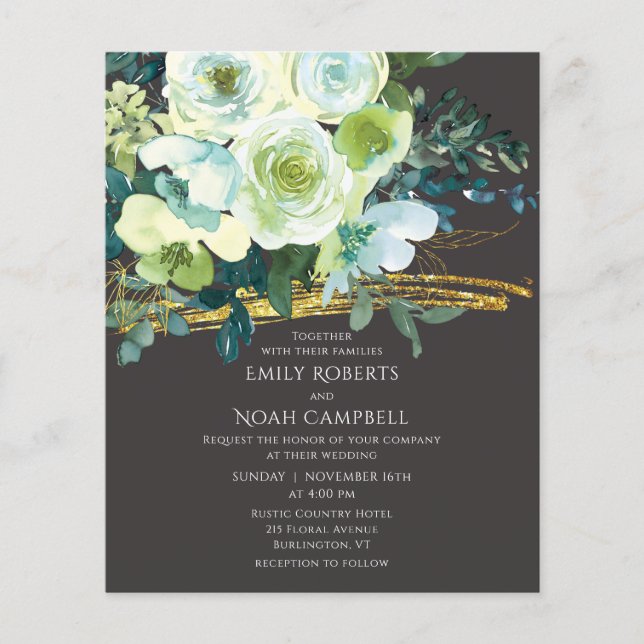 Budget Turquoise Green Floral Gold Photo Wedding  (Front)