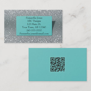 Budget Turquoise & Silver Glitter QR Code Business Card