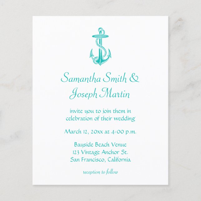 Budget Turquoise Vintage Anchor Wedding Invitation (Front)