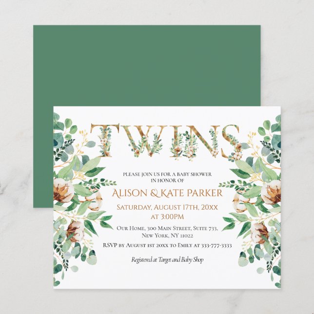Budget Twin Baby Shower Eucalyptus Gold Invitation (Front/Back)