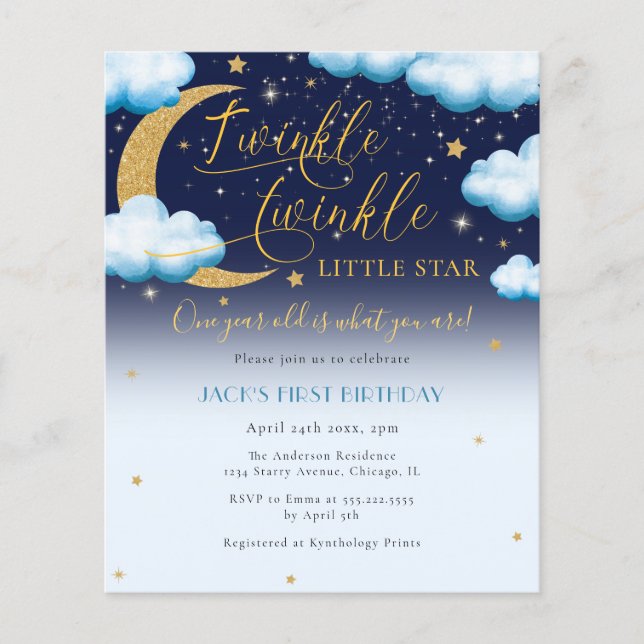 Budget Twinkle Little Star Blue Boy 1st Birthday Flyer (Front)