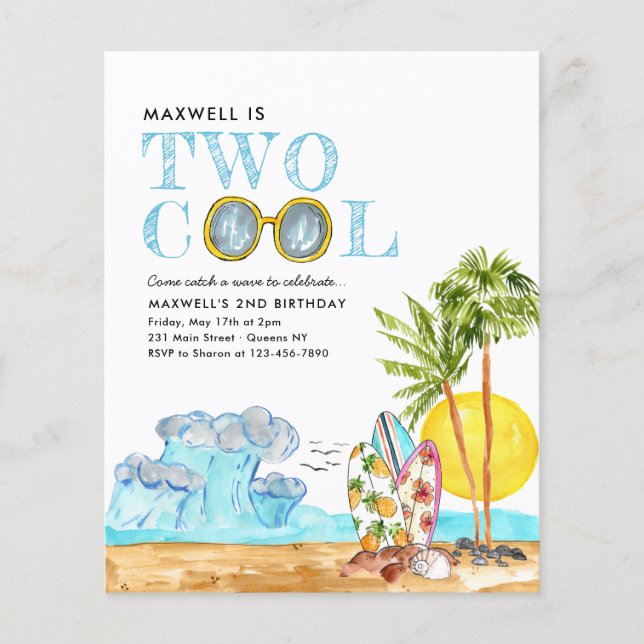 Budget Two Cool Surfing Beach Waves 2nd Birthday (Front)