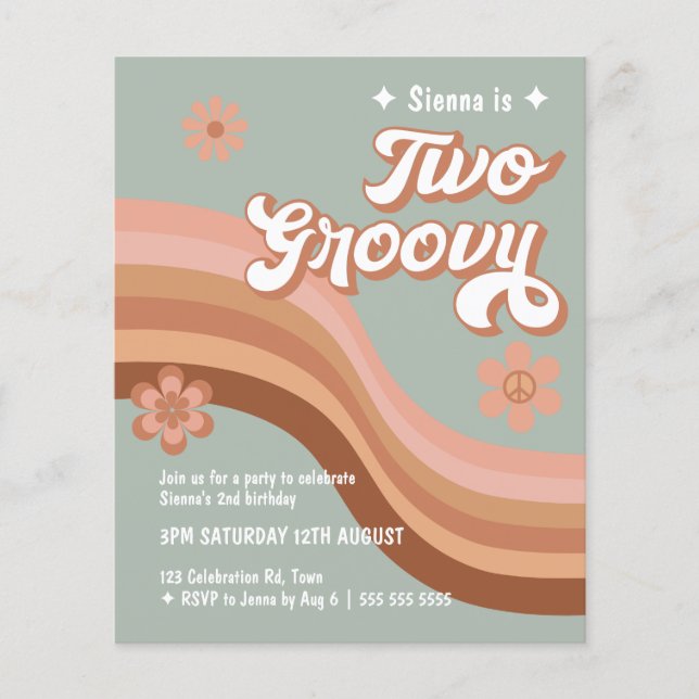 Budget Two Groovy Retro Daisy Sage Pink Invite (Front)
