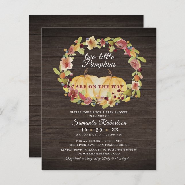 Budget Two Little Pumpkin Wood Floral Baby Shower  (Front/Back)