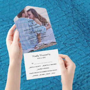 Budget Two Photo Black Text Minimalist Wedding All In One Invitation