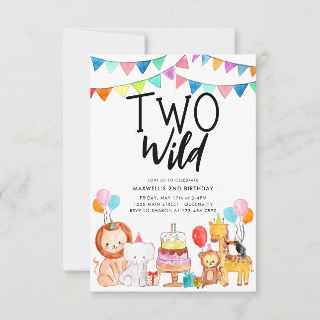 Budget TWO WILD Safari Party Animals 2nd Birthday Card (Front)