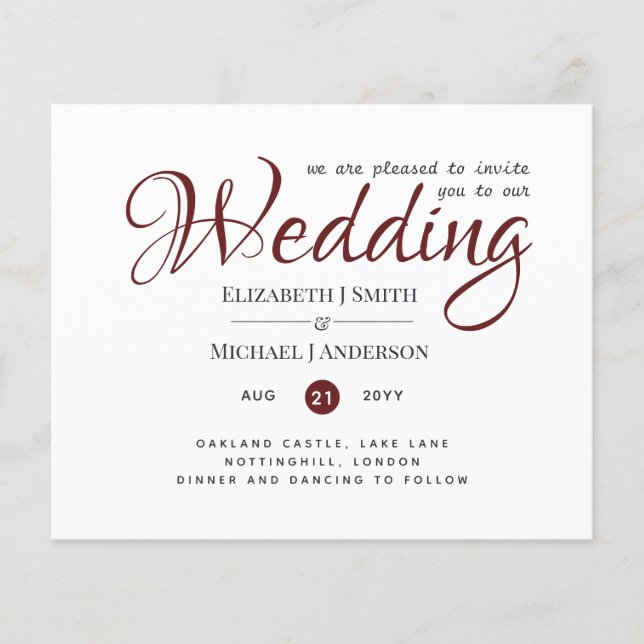 Budget TYPOGRAHY Wedding Invites - Burgundy Red (Front)