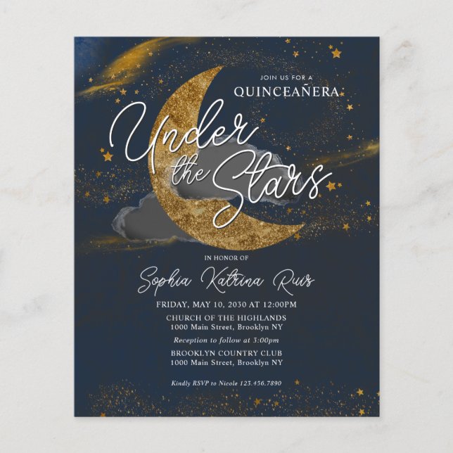 Budget Under the Stars Blue Gold Moon Quinceanera (Front)