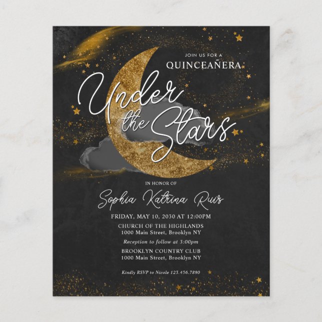 Budget Under the Stars Gold Moon Glam Quinceanera Flyer (Front)