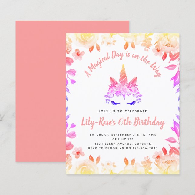 BUDGET Unicorn Face Floral Birthday Invitation (Front/Back)