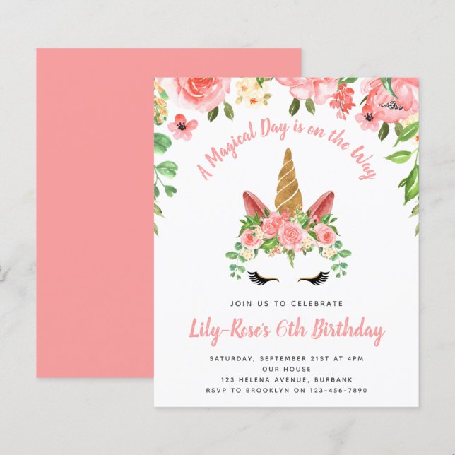 BUDGET Unicorn Face Floral Birthday Invitation (Front/Back)