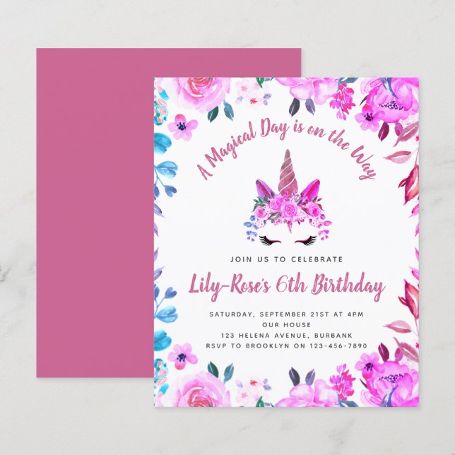 BUDGET Unicorn Face Floral Birthday Invitation (Front/Back)