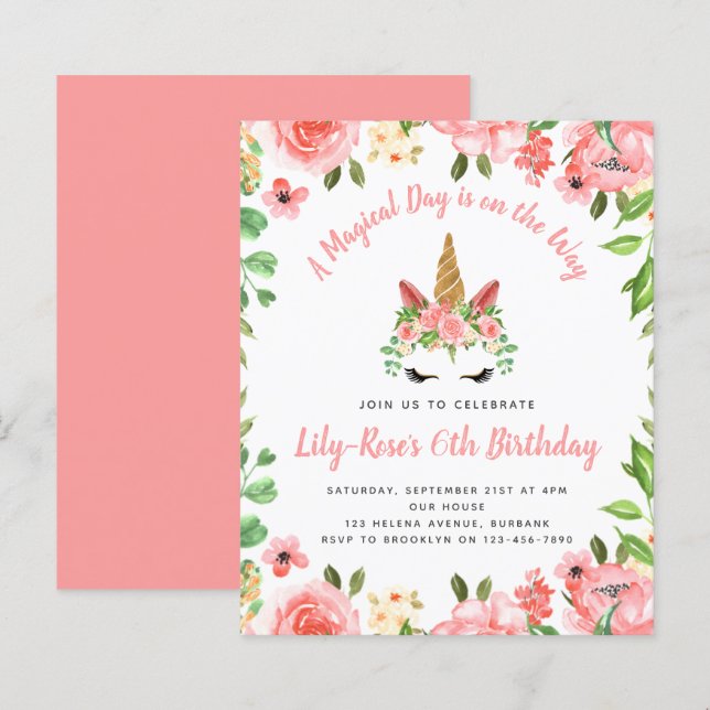 BUDGET Unicorn Face Floral Birthday Invitation (Front/Back)