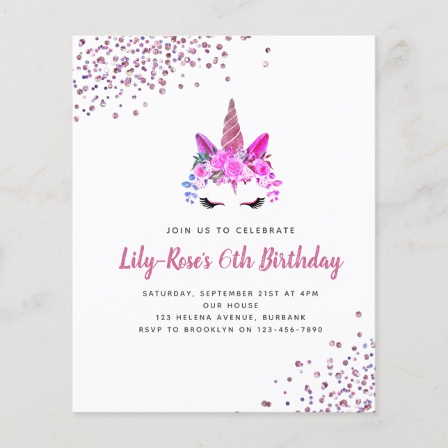 BUDGET Unicorn Face Glitter Birthday Invitation Flyer (Front)