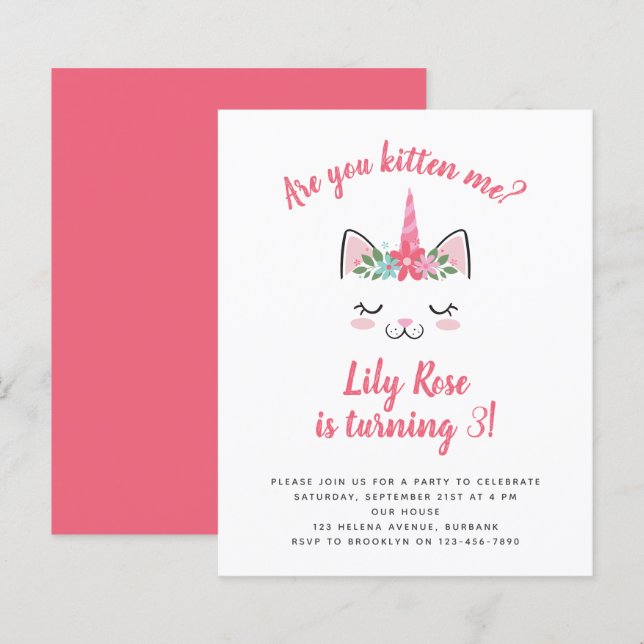 BUDGET Unicorn Kitten Birthday Invitation (Front/Back)