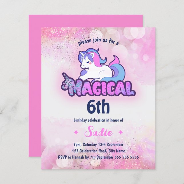 Budget Unicorn Magical Any Age 6th Birthday (Front/Back)