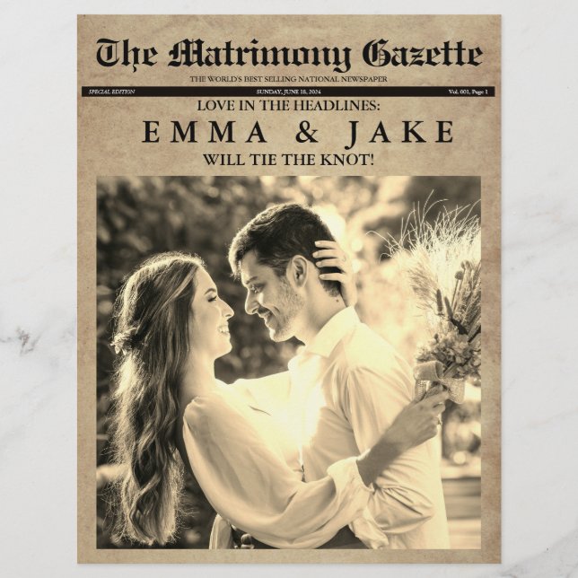 Budget Unique Fun News Paper Wedding Invitations (Front)
