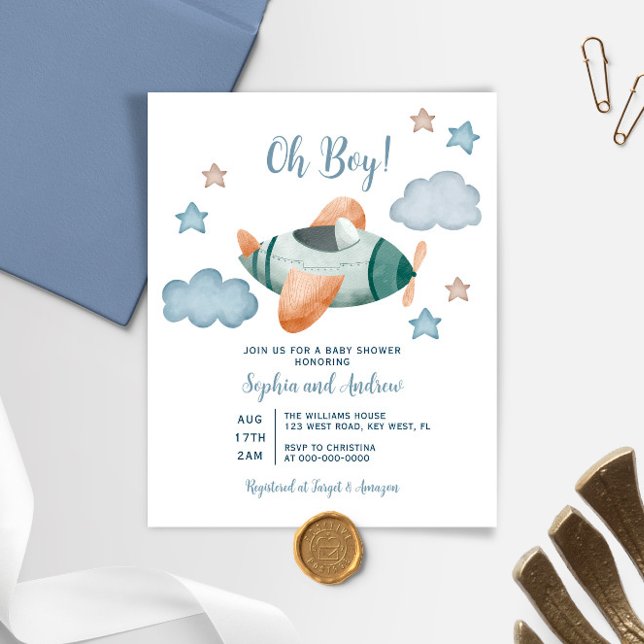 Budget Up Up and Away Aeroplane Baby Shower Invite (Creator Uploaded)