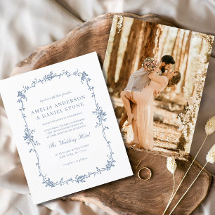 Budget Victorian Photo Blue Wedding Invitation