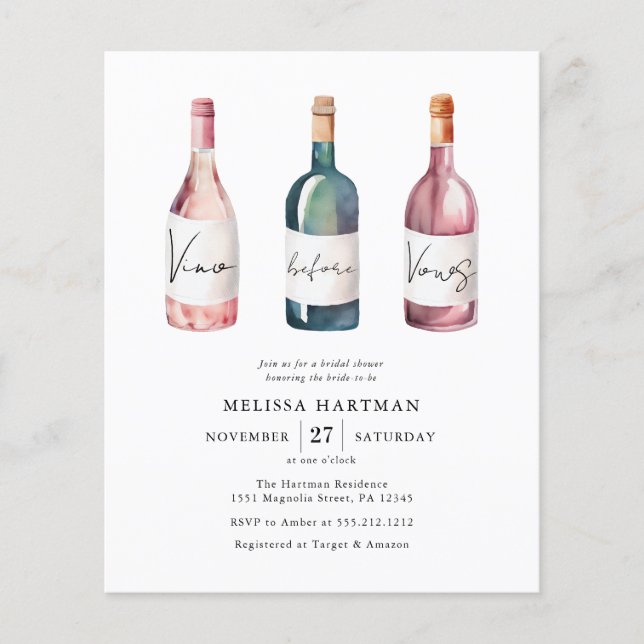 Budget Vino Before Vows Bridal Shower Invitation (Front)