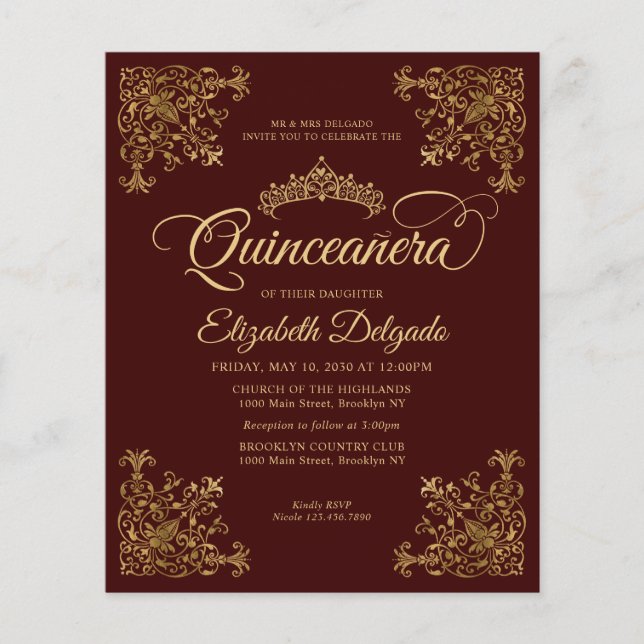 Budget Vintage Burgundy Gold Frame Quinceanera (Front)