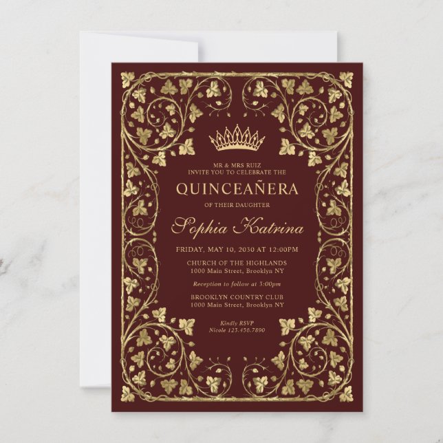 Budget Vintage Burgundy Red Gold Tiara Quinceanera Card (Front)