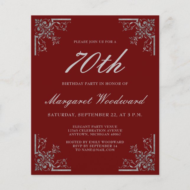 Budget Vintage Burgundy Silver Birthday Invitation (Front)