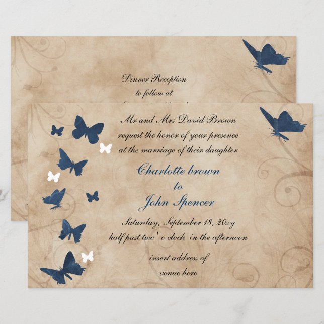 Budget Vintage Butterfly Wedding Invitations (Front/Back)