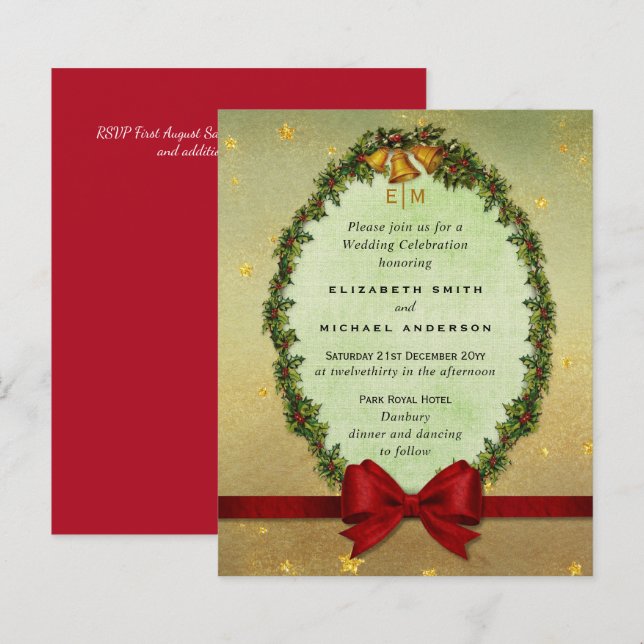 Budget Vintage Christmas Gold Red Wedding Invite (Front/Back)