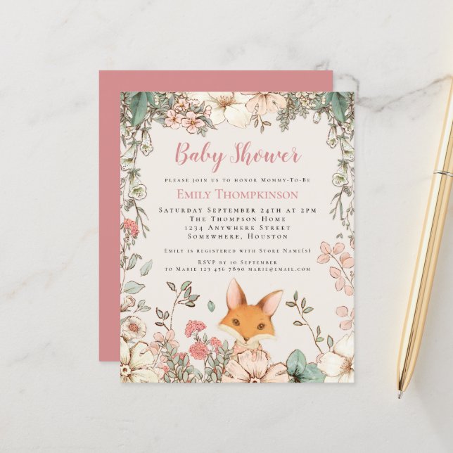 Budget Vintage Fox Girl Baby Shower Invite (Front/Back In Situ)