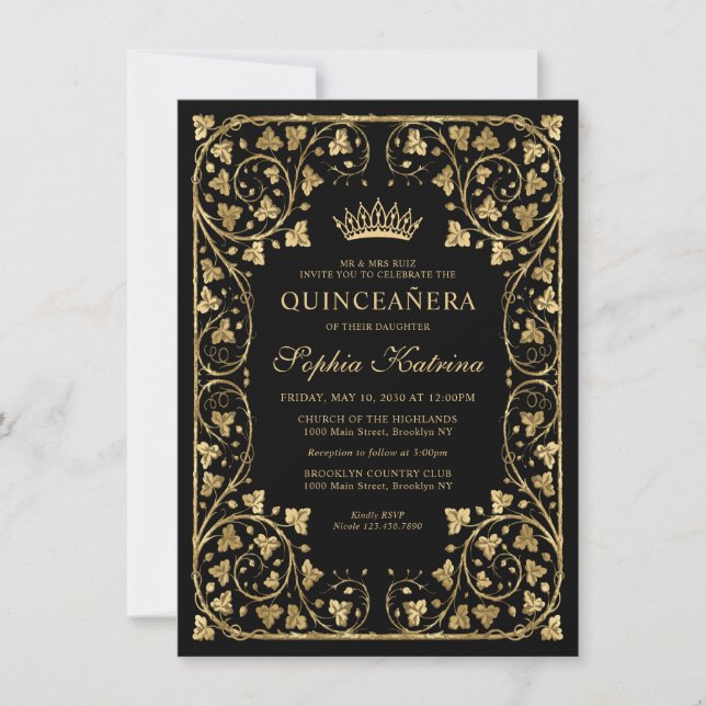 Budget Vintage Glam Black Gold Tiara Quinceanera Card (Front)