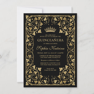 Budget Vintage Glam Black Gold Tiara Quinceanera Card