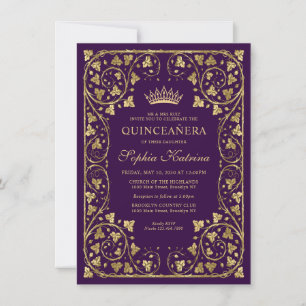 Budget Vintage Glam Purple Gold Tiara Quinceanera Card
