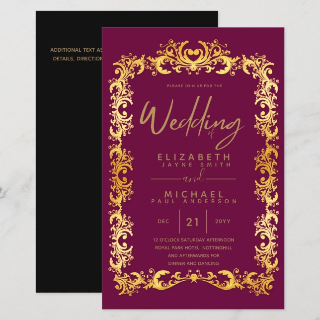 BUDGET Vintage Gold Framed Low Wedding Invite A9 (Front/Back)