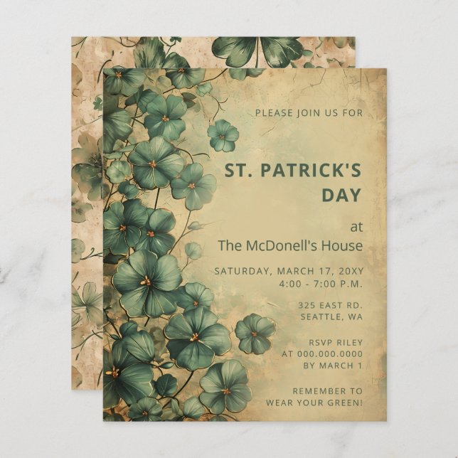 Budget Vintage Green St Patricks Day Invitation (Front/Back)